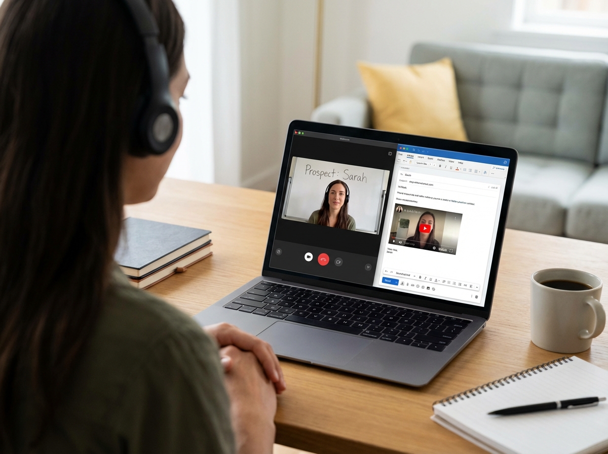 Sales rep recording a 1:1 personalized video email on laptop, showing webcam view with prospect's name written on whiteboard in background, email draft open with video thumbnail embedded