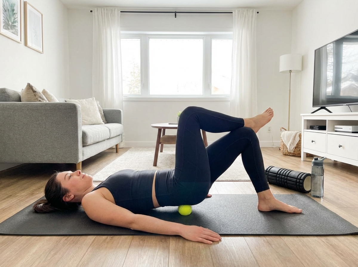 Tennis ball soft tissue release technique applied to glute and piriformis area for sciatica relief, showing correct floor positioning with body weight and pressure-hold method