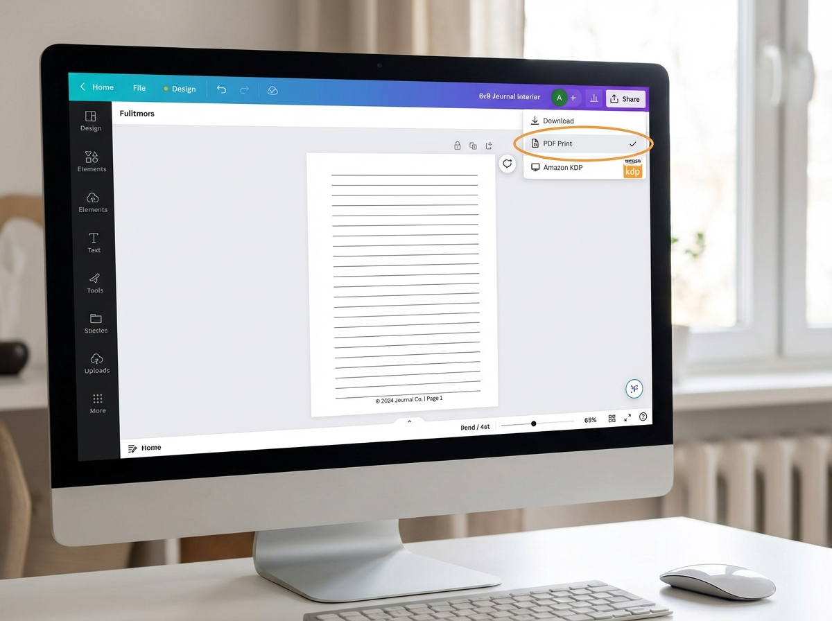 Canva workspace showing a 6x9 low content journal interior page layout with lined rows consistent margins and footer text ready for Amazon KDP PDF export