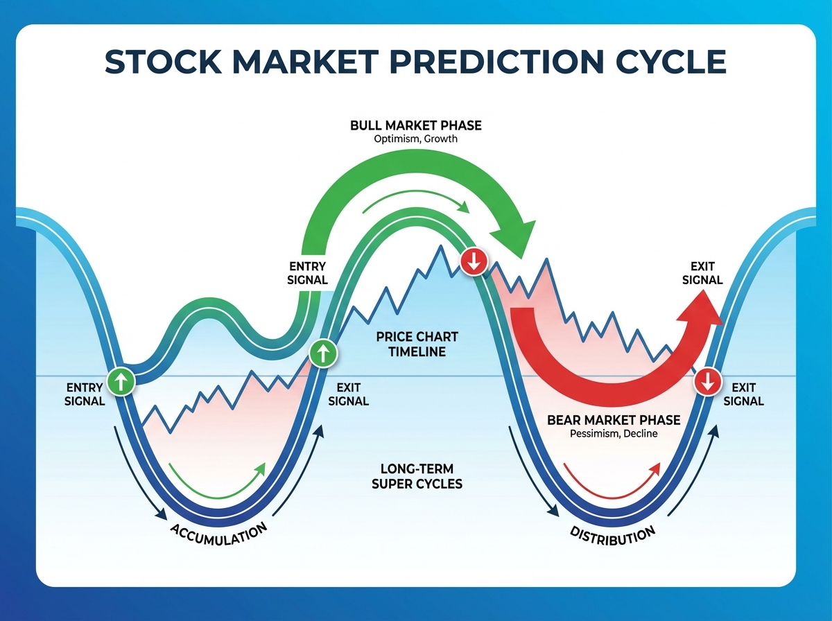 Stock market prediction cycle diagram showing bull and bear market phases aligned with long-term super cycles, with entry and exit signal points marked on a price chart timeline