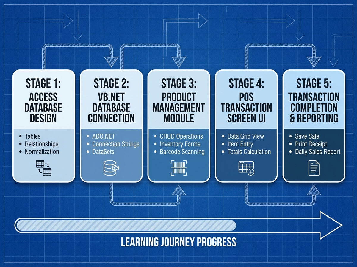 VB.NET point of sale system learning roadmap showing five sequential stages from Access database design through product management to POS transaction screen completion