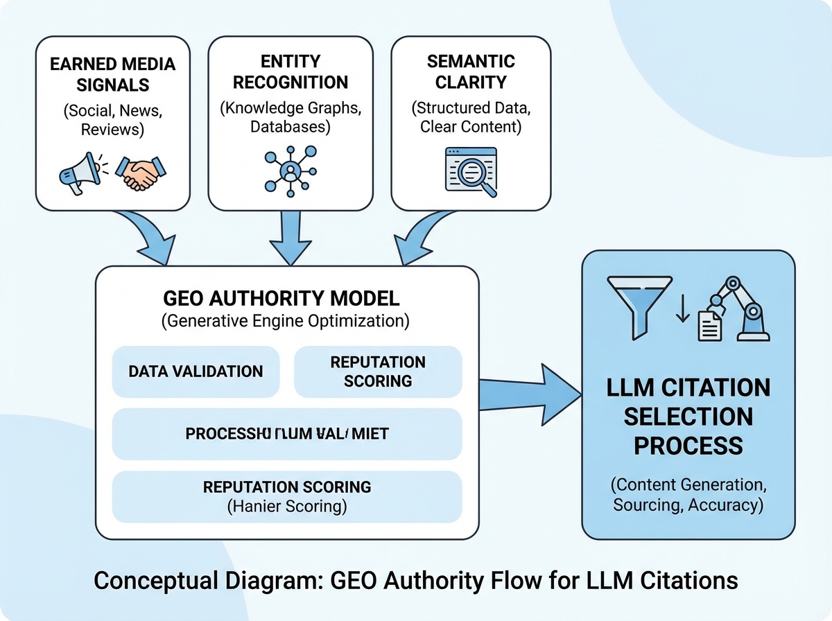 Conceptual diagram showing GEO authority model with earned media signals, entity recognition, and semantic clarity feeding into LLM citation selection process