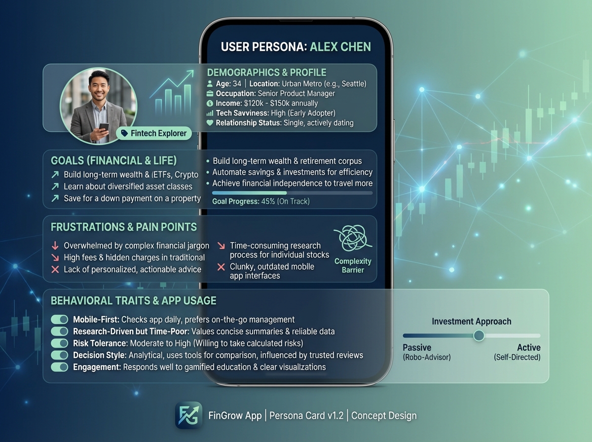 User persona card for a mobile app design project showing demographic details, goals, frustrations, and behavioral traits relevant to a fintech investment app