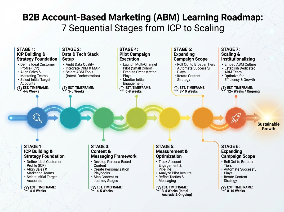 B2B account-based marketing learning roadmap showing seven sequential stages from ICP building through campaign execution to scaling, with estimated timeframes per stage
