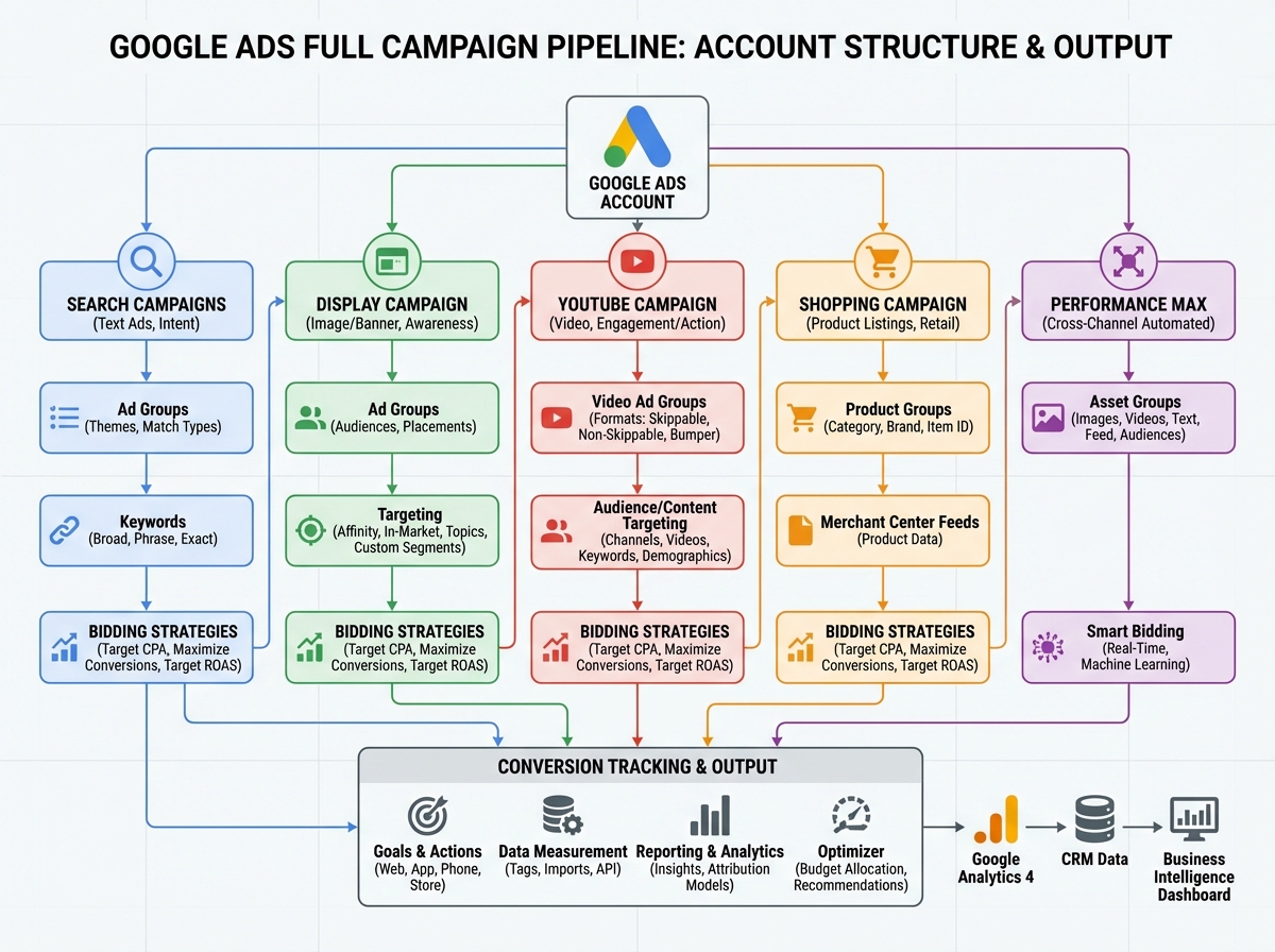 Google Ads full campaign pipeline diagram showing account structure from campaign types — Search, Display, YouTube, Shopping, Performance Max — through ad groups, keywords, bidding strategies, and conversion tracking output