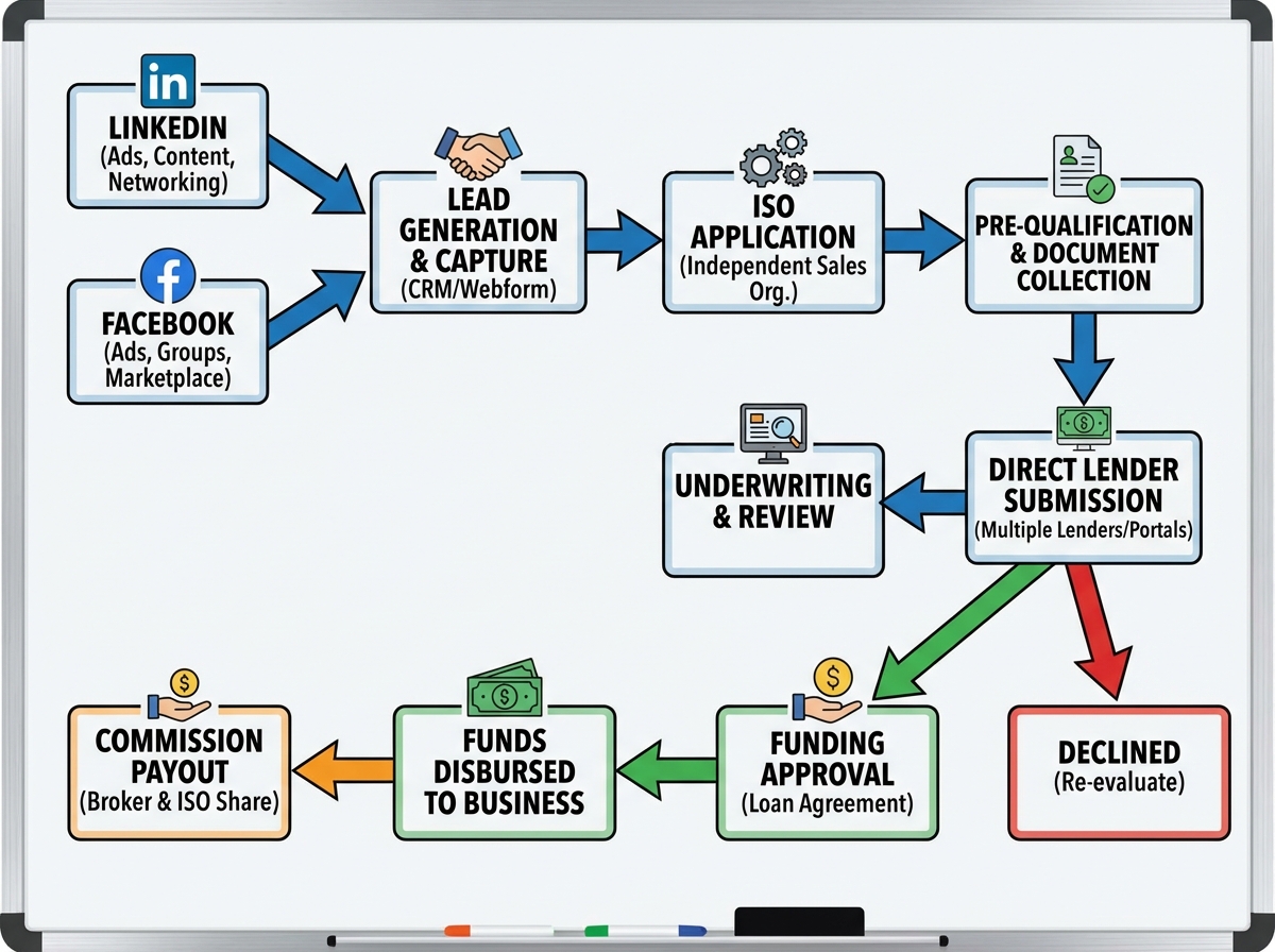 Business loan broker pipeline diagram showing flow from lead generation through LinkedIn and Facebook to ISO application, direct lender submission, funding approval, and commission payout