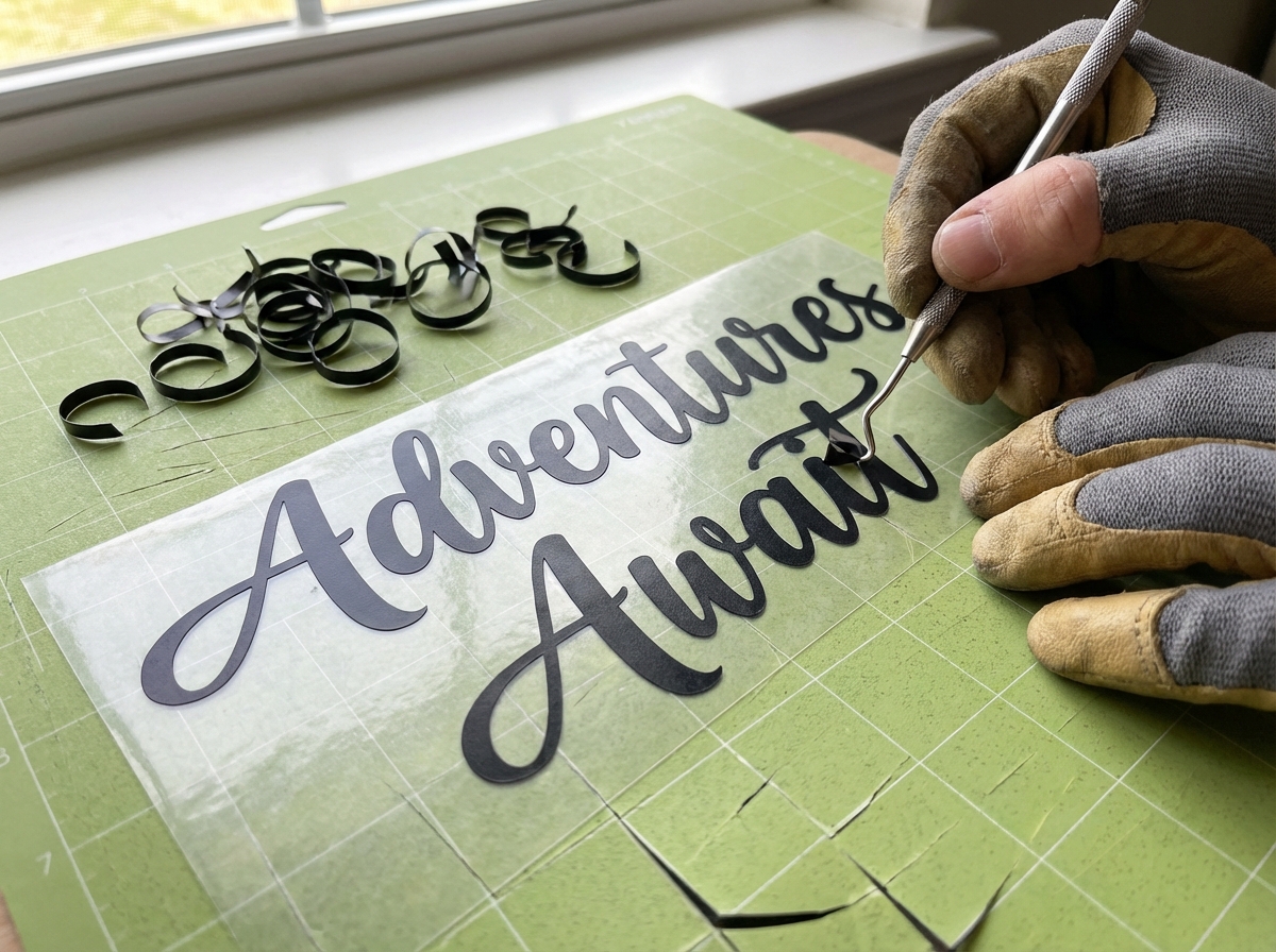 Hands weeding a vinyl decal with a hook tool, showing removed negative vinyl pieces beside a partially weeded script lettering design on a cutting mat