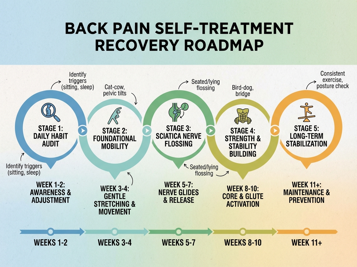 Back pain self-treatment recovery roadmap showing five sequential stages from daily habit audit through sciatica nerve flossing to long-term stabilization, with week-by-week timeline markers