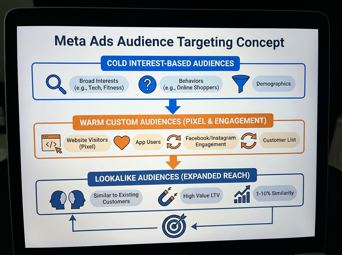 Meta Ads audience targeting concept diagram showing three layers: cold interest-based audiences, warm Custom Audiences from Pixel and engagement, and Lookalike Audiences expanding reach from existing customers