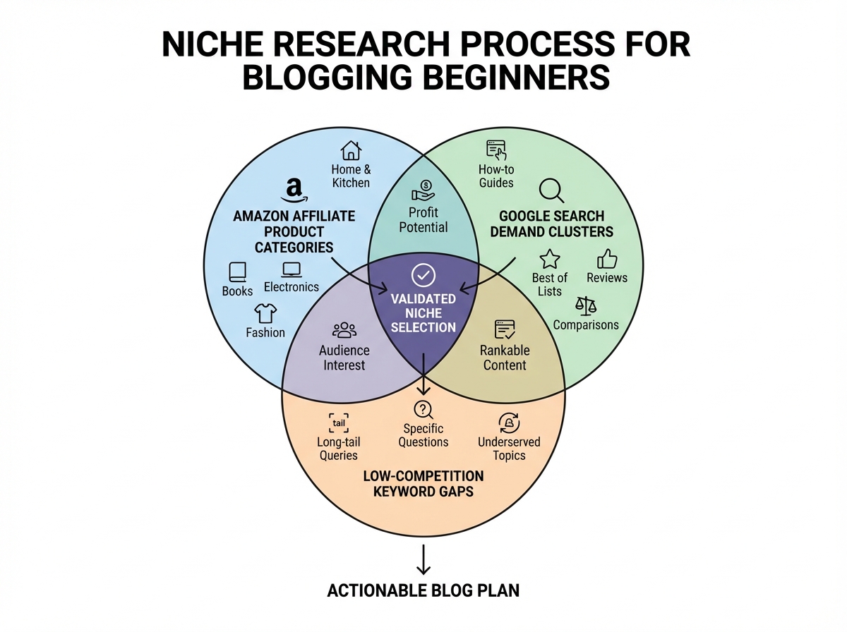 Niche research process diagram for blogging beginners showing overlap between Amazon affiliate product categories, Google search demand clusters, and low-competition keyword gaps leading to validated niche selection
