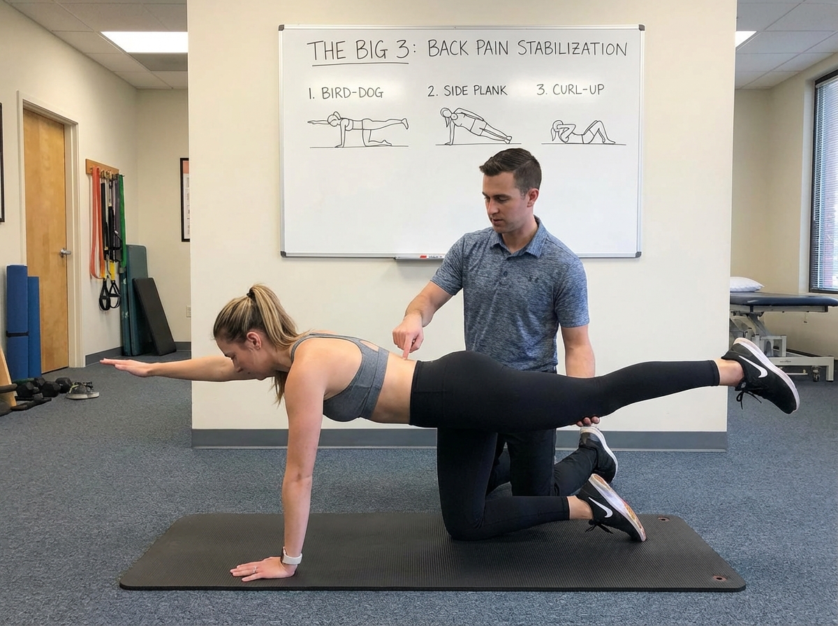 Bird-dog core stabilization exercise demonstration showing opposite arm and leg extension from all-fours position, part of the Big 3 back pain stabilization protocol for lumbar spine protection