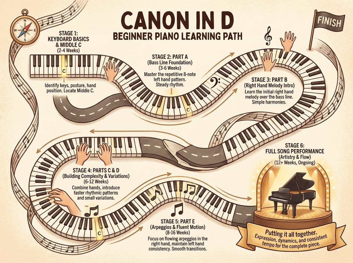 Canon in D beginner piano learning path showing six sequential stages from keyboard basics and Middle C through Parts A-E and full song performance, with estimated time labels on each stage