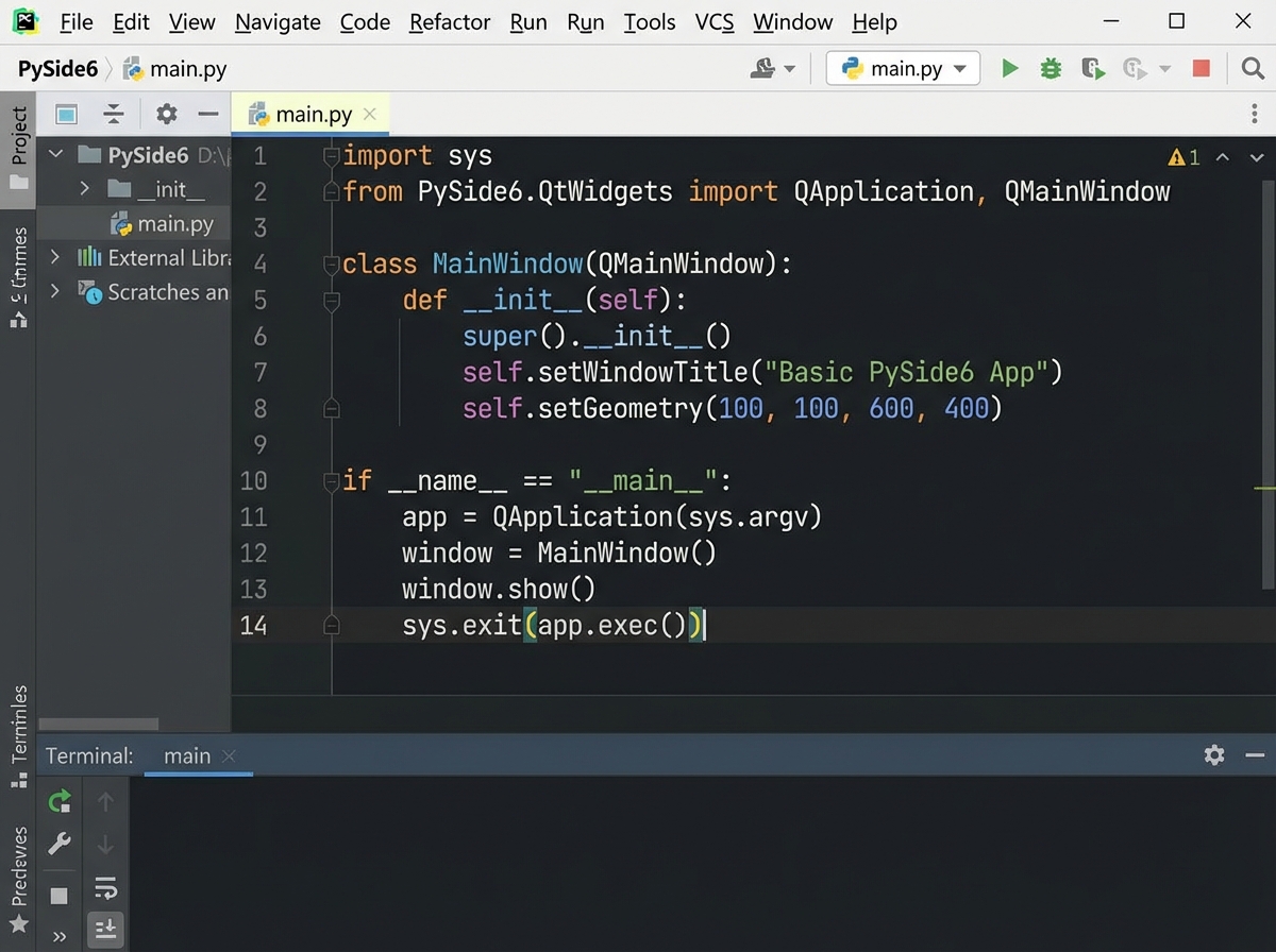 PySide6 basic QMainWindow application code showing QApplication instantiation, QMainWindow setup, window title and geometry, show() call, and app.exec() event loop entry point in a Python IDE