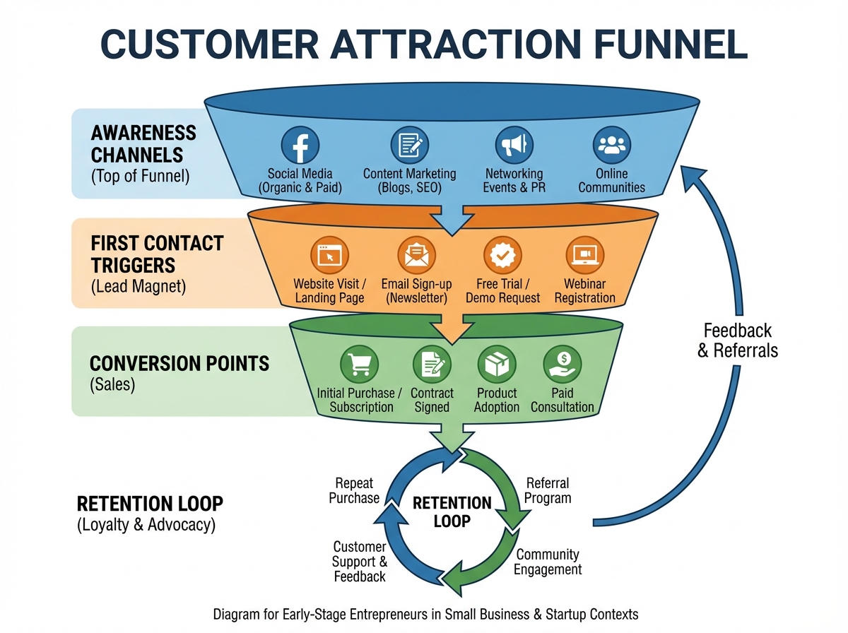 Customer attraction funnel diagram for early-stage entrepreneurs showing awareness channels, first contact triggers, conversion points, and retention loop for small business and startup contexts