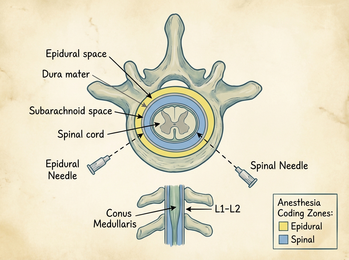 Spinal cord anatomy cross-section for anesthesia coding showing epidural space, subarachnoid space, conus medullaris at L1-L2, and needle placement zones for spinal vs epidural anesthesia