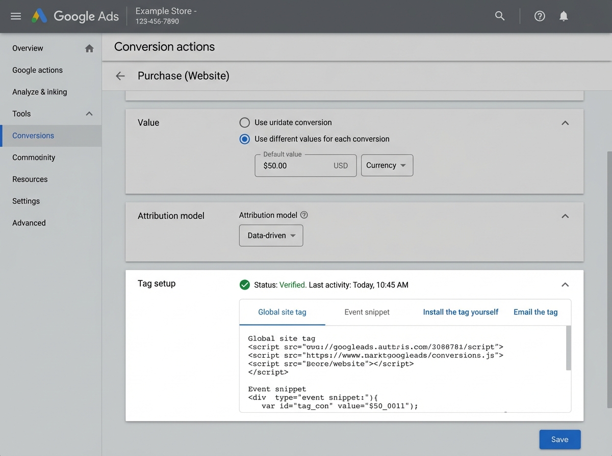 Google Ads conversion tracking setup screen showing conversion action configuration with value assignment, attribution model selection, and tag implementation status for a website purchase conversion