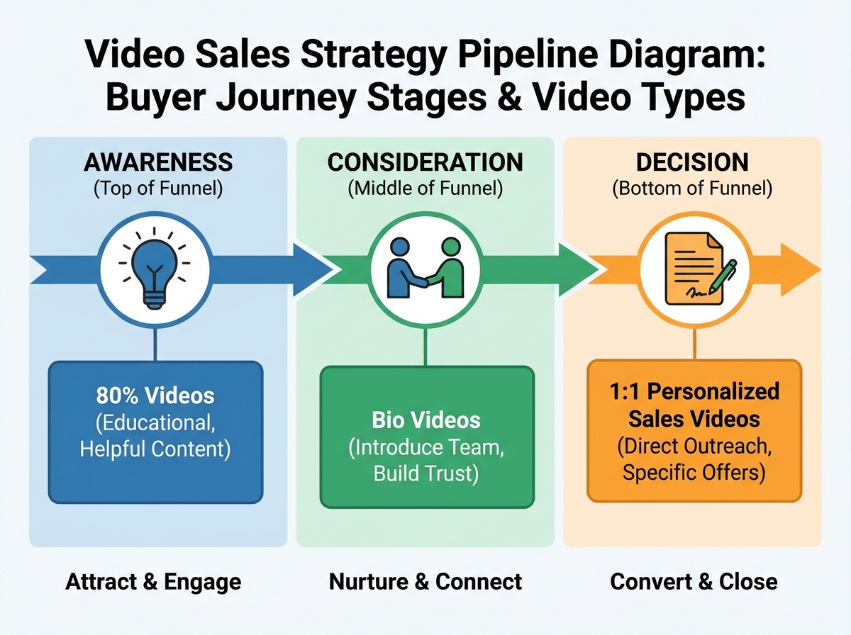 Video sales strategy pipeline diagram showing buyer journey stages — awareness, consideration, decision — mapped to specific video types including 80% videos, bio videos, and 1:1 personalized sales videos