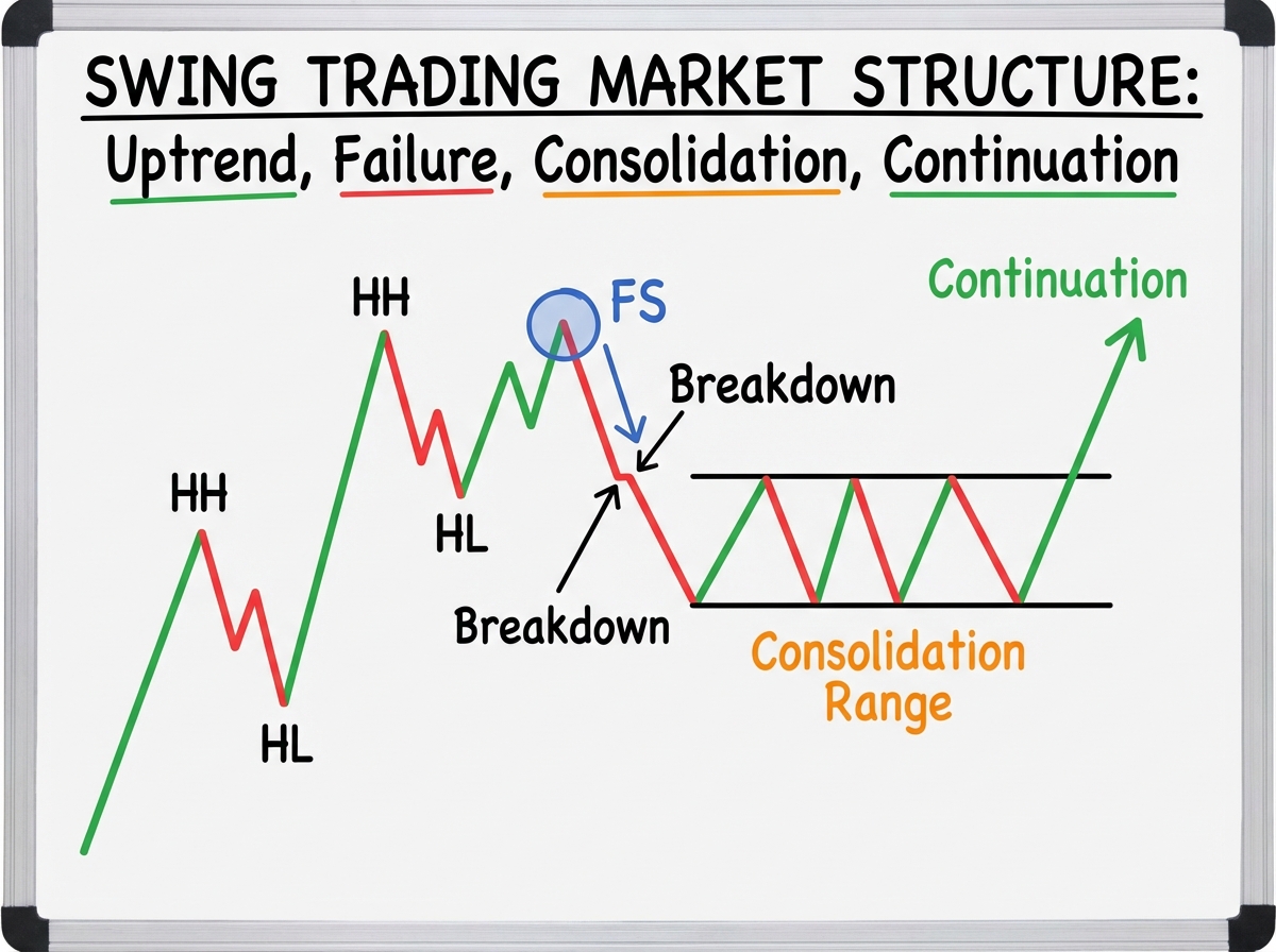 Market structure diagram for swing trading showing higher highs and higher lows in uptrend, failure swing annotated at point of breakdown, leading into consolidation range before continuation