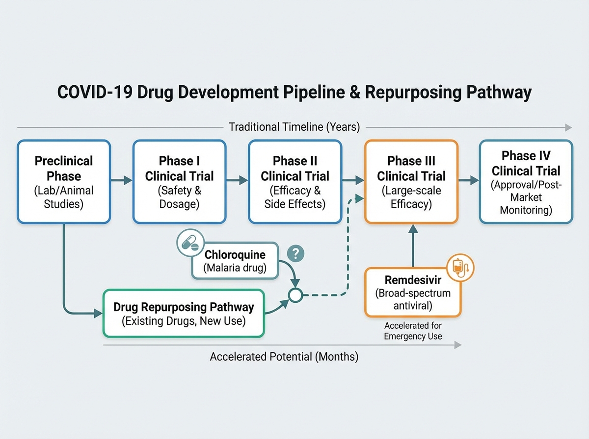 COVID-19 drug development pipeline diagram showing preclinical phase, Phase I through IV clinical trials, and drug repurposing pathway with chloroquine and remdesivir as labeled examples