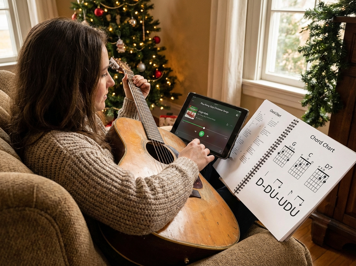 Acoustic guitar player following along to a play-along backing track for easy Christmas songs, chord chart open beside them showing strumming pattern for Jingle Bells