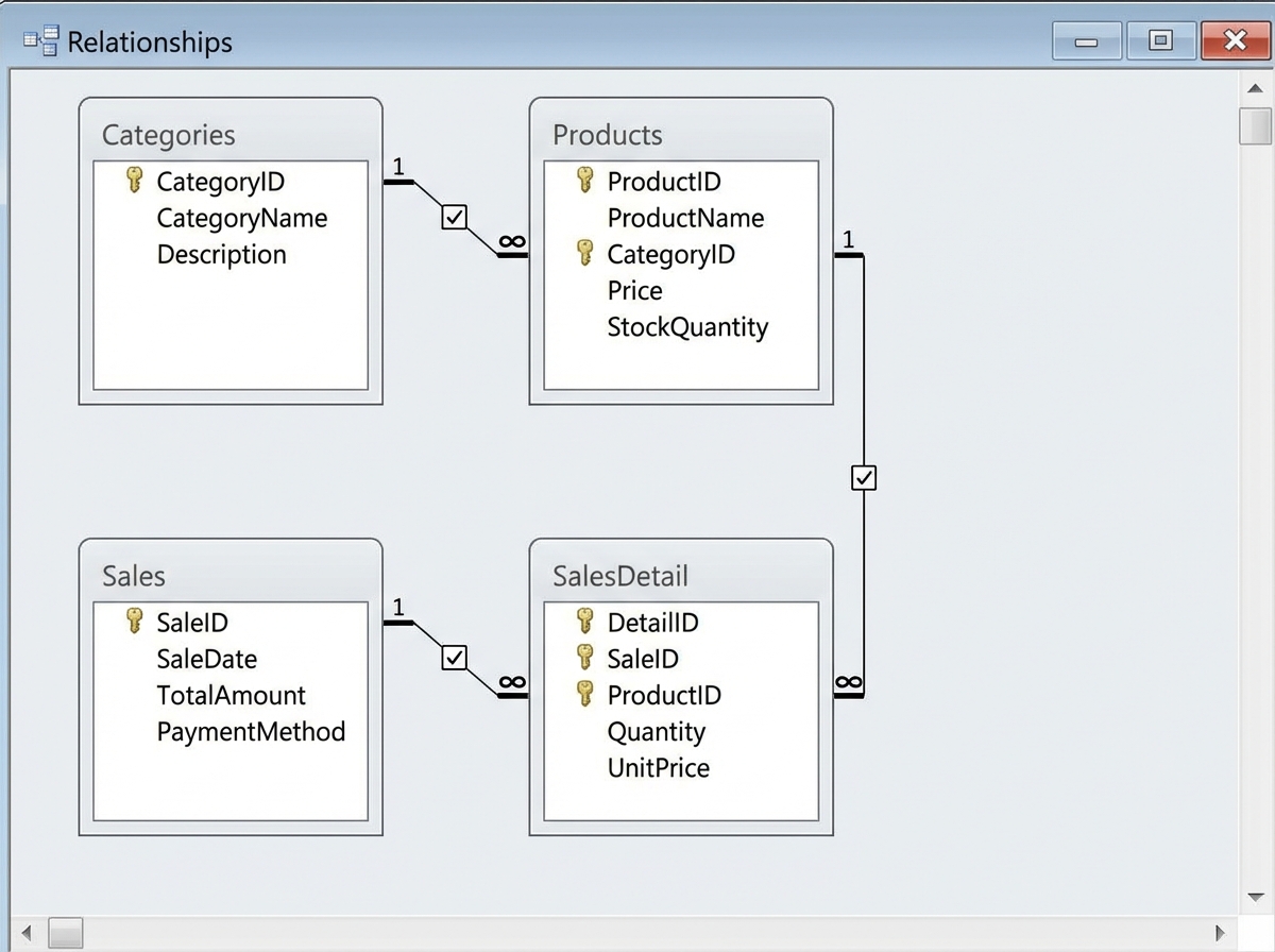 Microsoft Access relational database schema for a point of sale system showing Products, Categories, Sales, and SalesDetail tables with primary and foreign key relationships