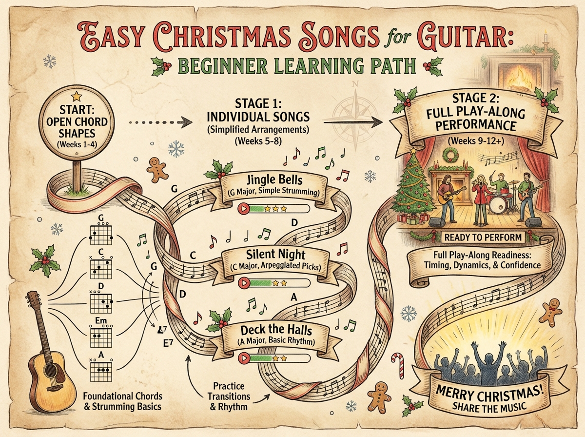 Easy Christmas songs for guitar beginner learning path timeline showing progression stages from open chord shapes through individual songs to full play-along performance readiness