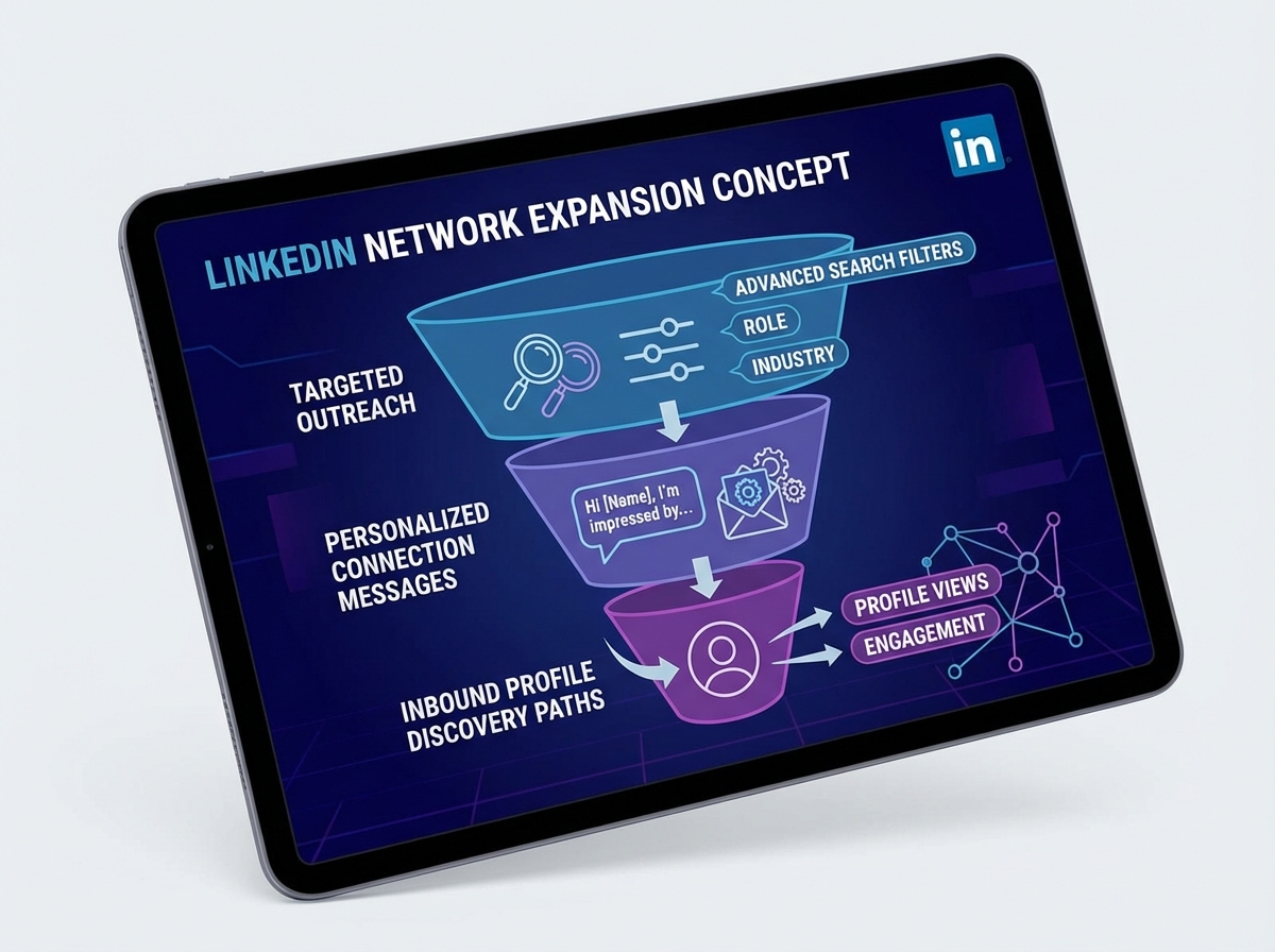 LinkedIn network expansion concept showing targeted outreach funnel with advanced search filters, personalized connection messages, and inbound profile discovery paths