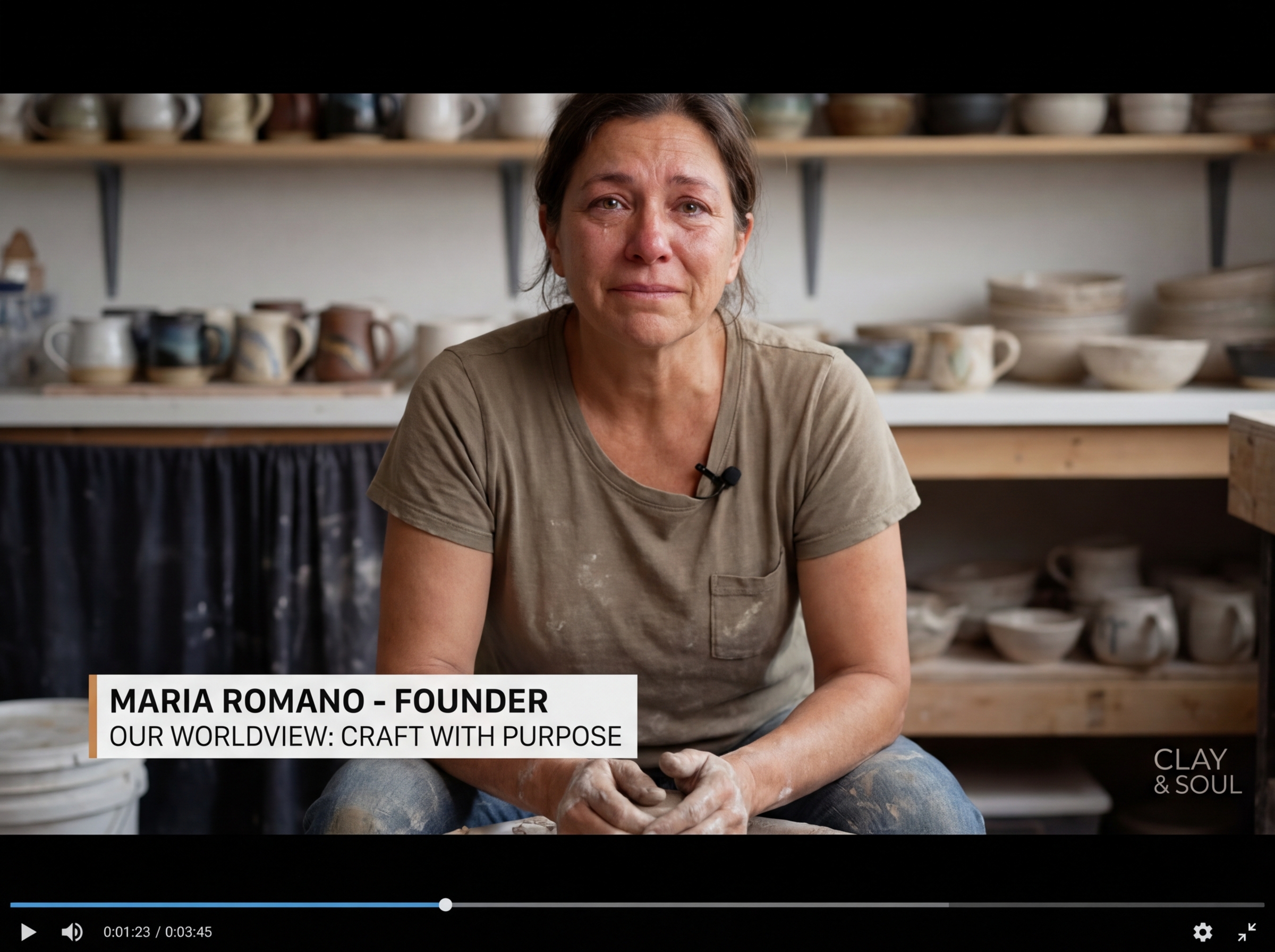 Branded storytelling example video frame showing a small business owner speaking directly to camera about their brand worldview, with minimal production and high emotional directness