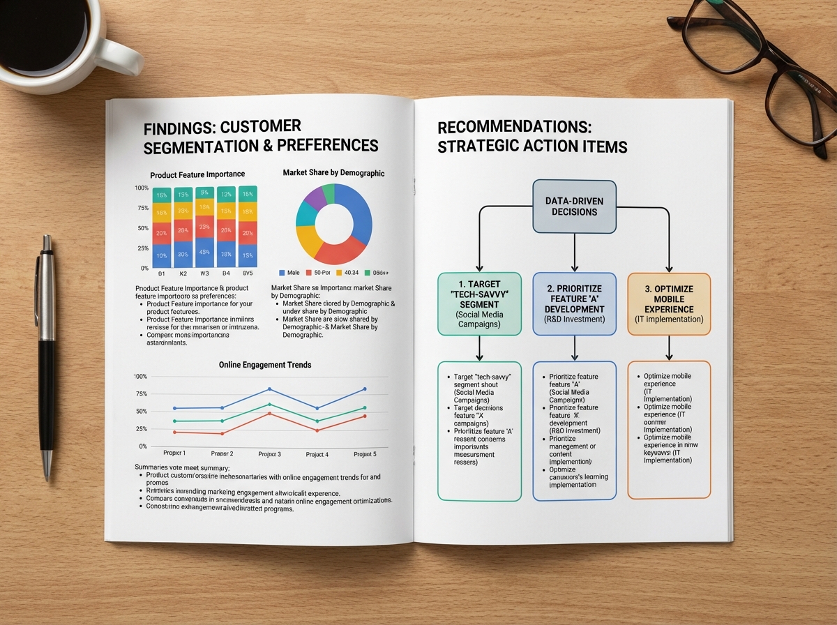 Marketing research report layout showing a findings section with data visualizations on the left and a recommendations section with decision-linked action items on the right, illustrating how data interpretation drives business decisions