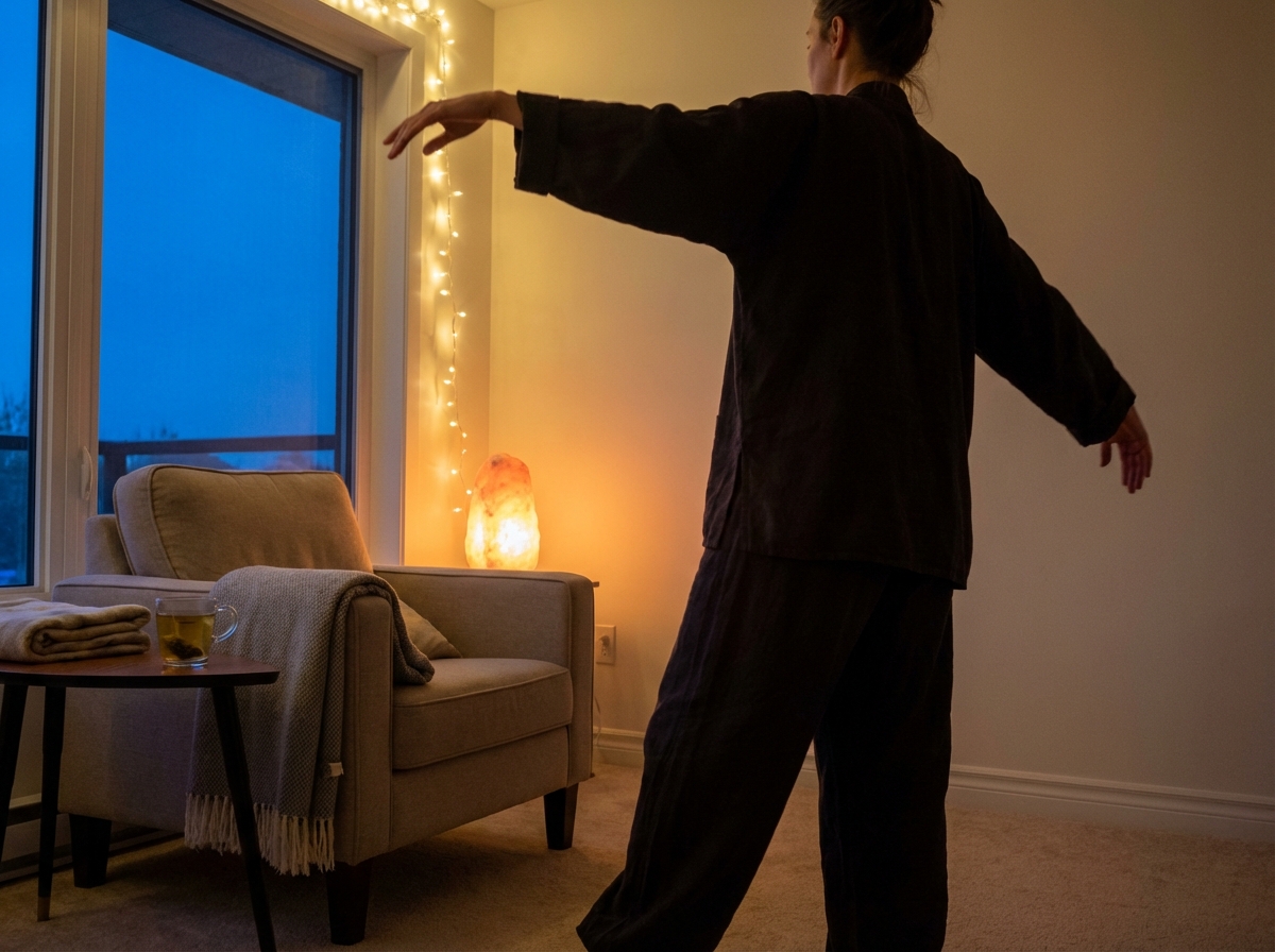 Person performing gentle sleep qigong movements in a dim evening room, showing slow arm arc movement with low lighting, illustrating the physical wind-down stage before ear massage and meditation