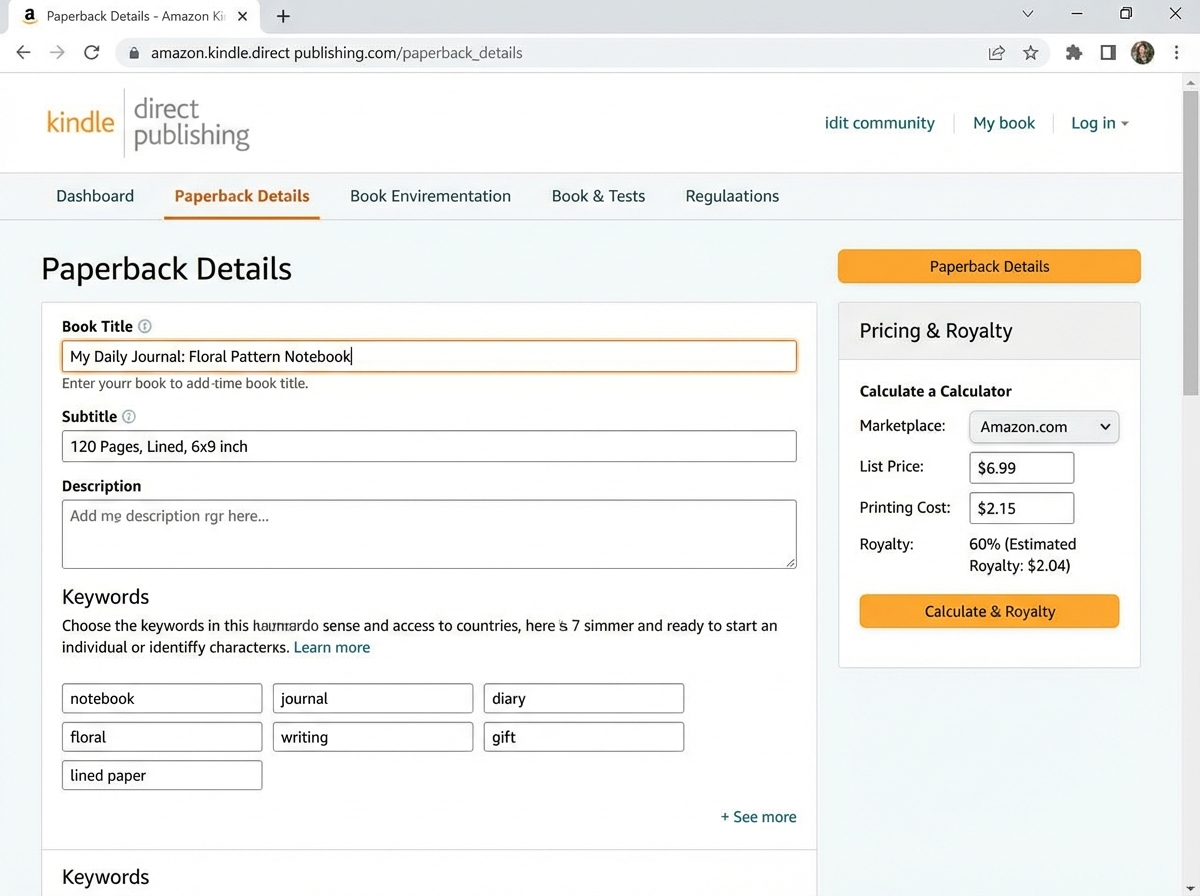 Amazon KDP dashboard listing page showing title subtitle keyword fields and pricing royalty calculator for a low content notebook paperback