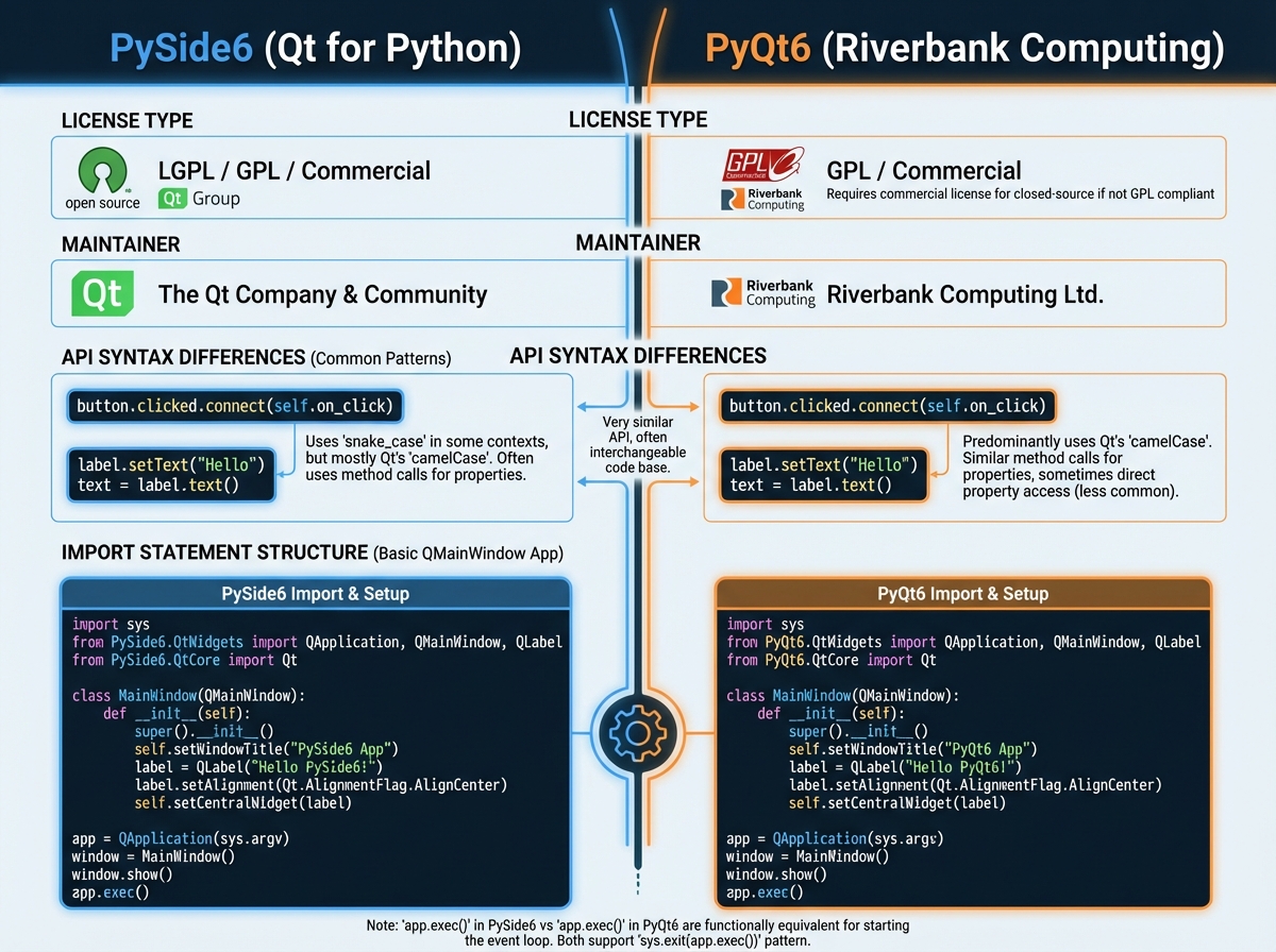 Side-by-side comparison of PySide6 vs PyQt6 showing license type, maintainer, API syntax differences, and import statement structure for a basic QMainWindow cross-platform desktop app