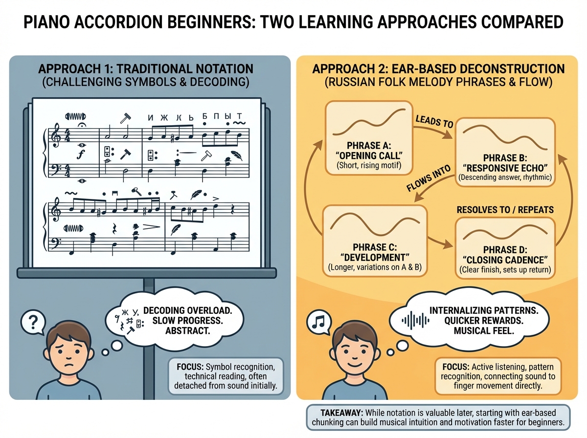 Comparison diagram for piano accordion beginners showing two approaches side by side: left panel shows sheet music notation with unfamiliar symbols; right panel shows ear-based deconstruction of a Russian folk melody into four labeled short phrases with arrows connecting them