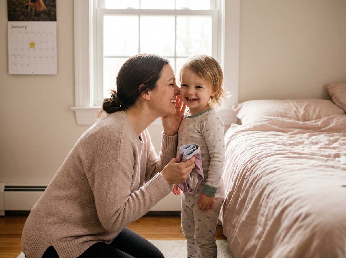 Parent calmly celebrating a child's first dry morning with a warm quiet acknowledgment, showing low-key positive reinforcement rather than over-the-top celebration