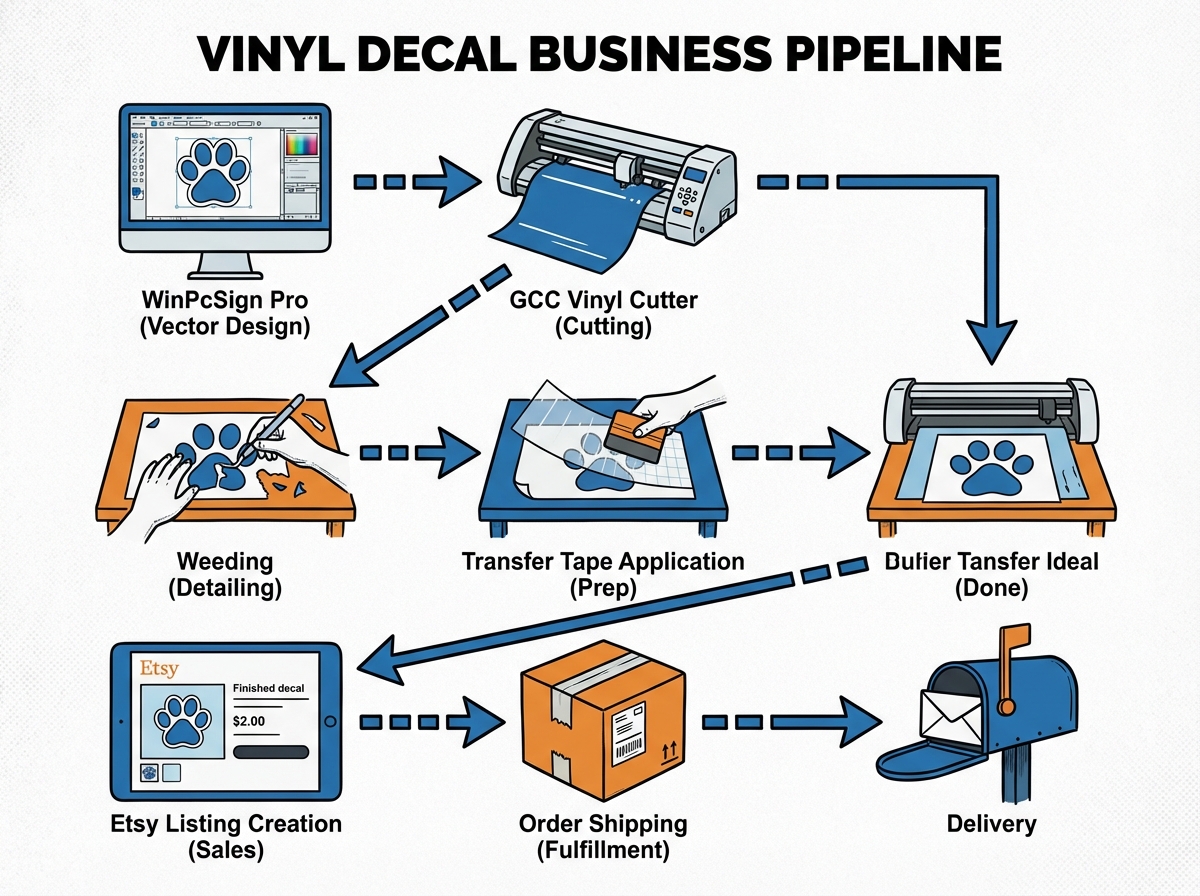 Vinyl decal business pipeline diagram showing flow from vector design in WinPcSign through GCC cutter, weeding, transfer tape application, Etsy listing creation, and order shipping steps