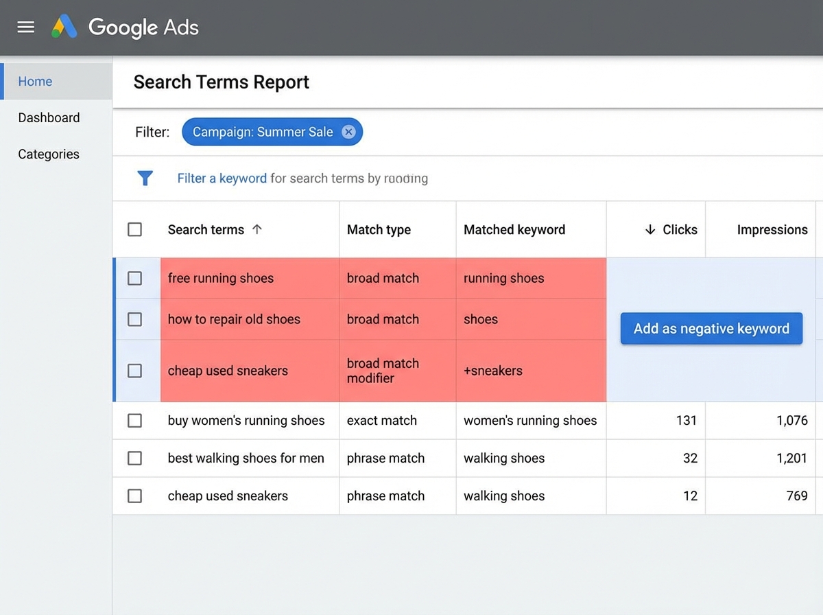 Google Ads Search Terms report screenshot showing search query column alongside matched keyword, with irrelevant queries highlighted to demonstrate negative keyword filtering for PPC campaign optimization