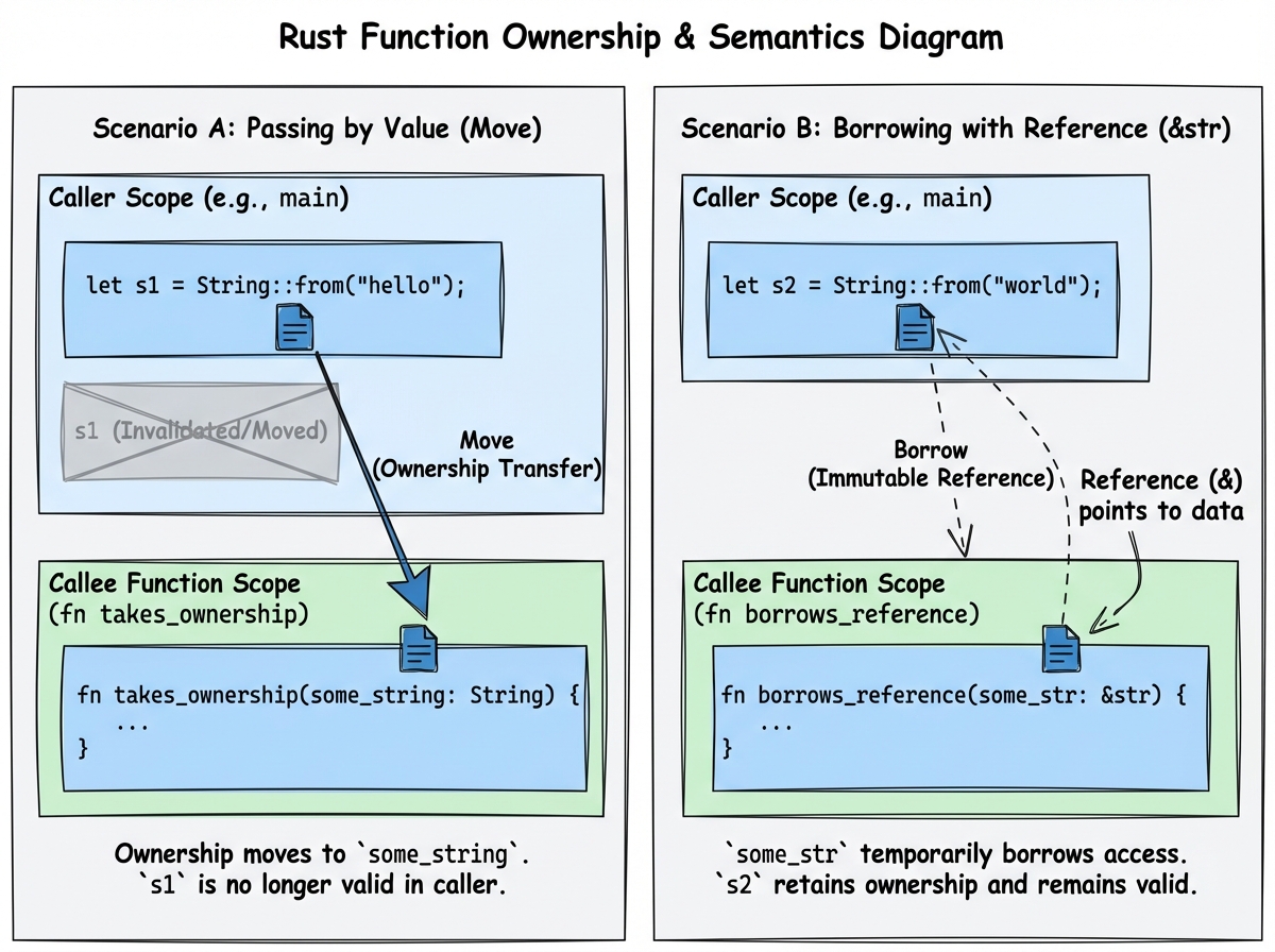 Rust function ownership diagram showing move semantics when passing String by value versus borrowing with &str reference, with arrows indicating which scope owns the value at each step