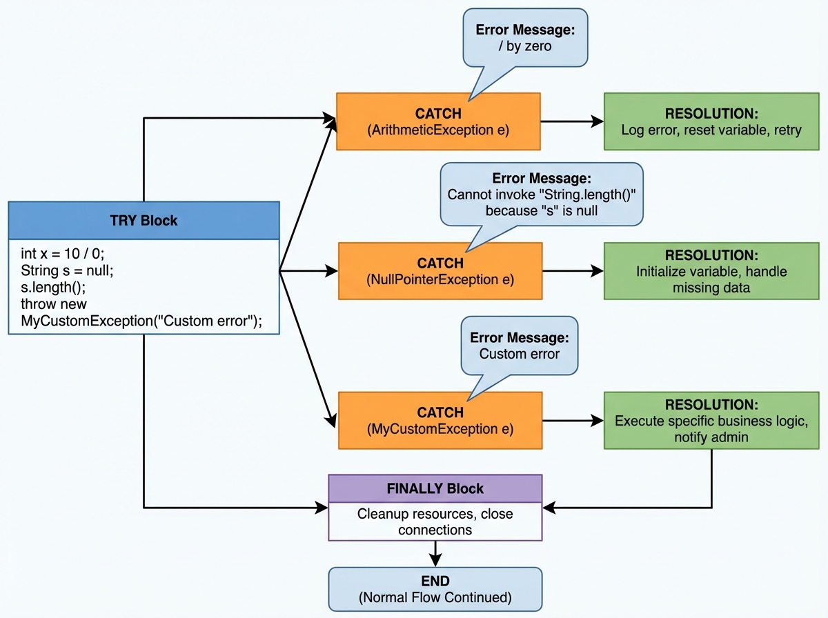 Java exception handling diagram showing try-catch-finally flow with ArithmeticException, NullPointerException, and custom exception examples with error message callouts and resolution paths