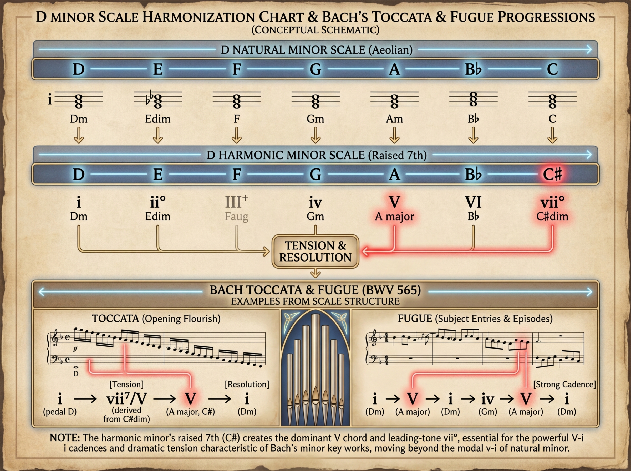 D minor scale harmonization chart showing natural minor scale chords and harmonic minor raised 7th degree, illustrating how Bach Toccata and Fugue chord progressions are derived from scale structure