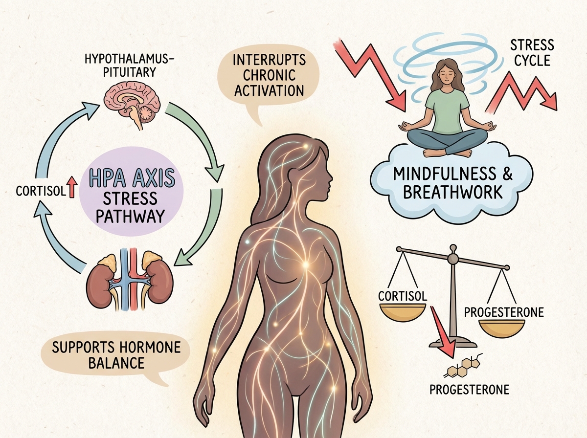 Holistic mind-body connection for women's hormonal health showing HPA axis stress response pathway, cortisol-progesterone relationship, and how mindfulness and breathwork interrupt the stress cycle