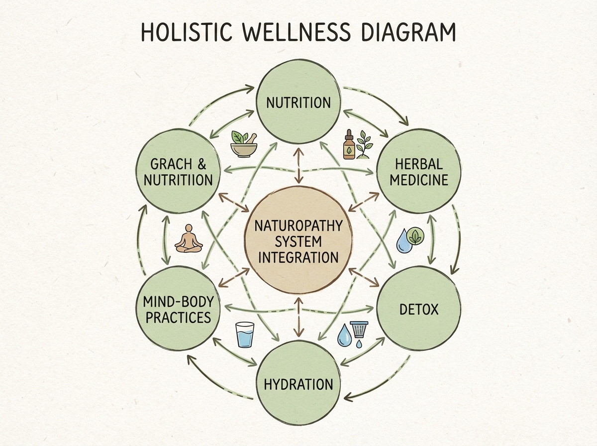 Naturopathy system integration diagram showing how nutrition, herbal medicine, detox, hydration, and mind-body practices interconnect rather than function as isolated tools