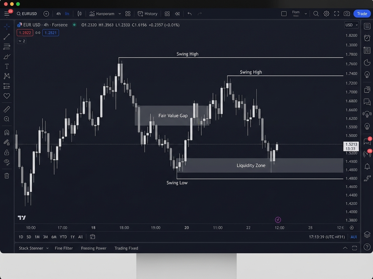 Clean forex chart showing swing trading chart analysis with minimal markup — only key swing highs and lows, one fair value gap, and a single liquidity zone marked before trade entry signal