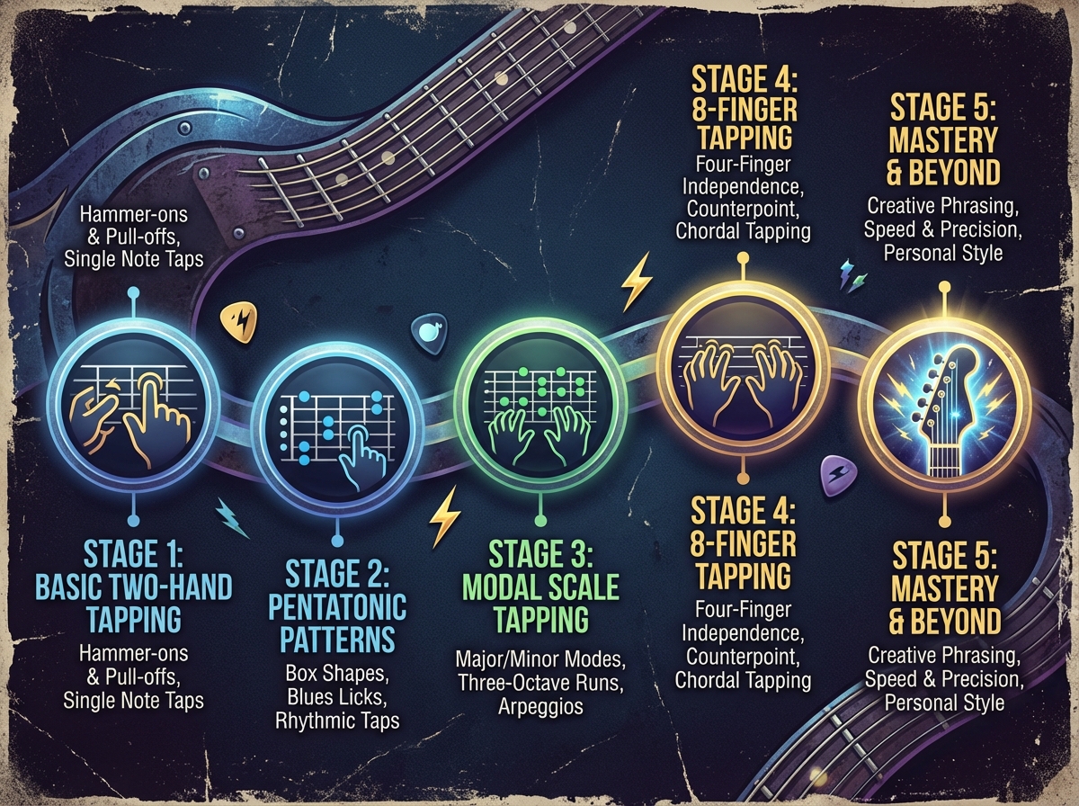 Guitar tapping technique learning roadmap showing five sequential stages from basic two-hand tapping through pentatonic patterns, modal scale tapping, and 8-finger tapping milestones on electric guitar