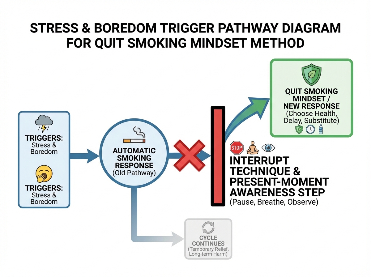 Stress and boredom trigger pathway diagram for quit smoking mindset method, showing interrupt technique and present-moment awareness step inserted between trigger and automatic smoking response