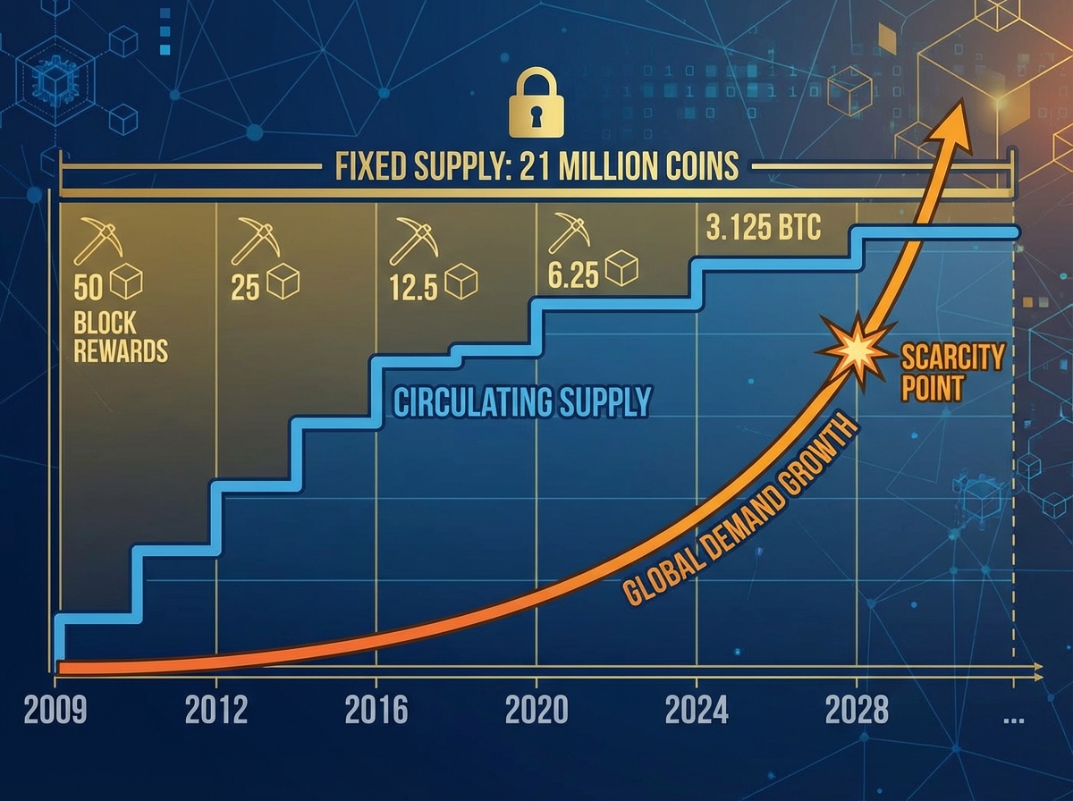 Bitcoin fixed supply scarcity concept visual showing 21 million coin hard cap, halving schedule timeline, and demand growth curve intersecting fixed supply line