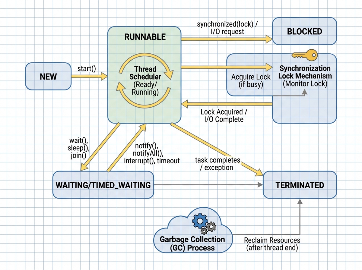 Java multithreading lifecycle diagram showing thread states from new to runnable, blocked, waiting, and terminated with synchronization lock mechanism and garbage collection process