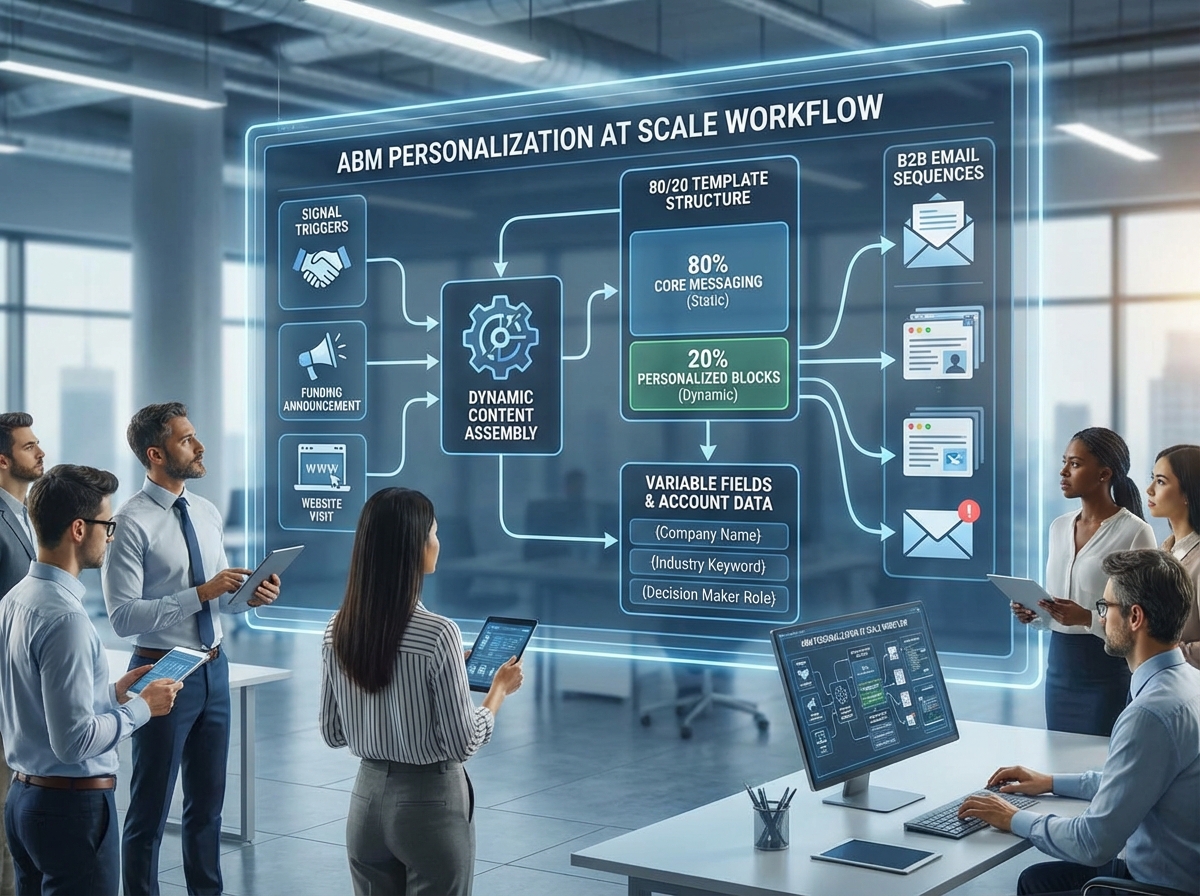 ABM personalization at scale workflow showing dynamic content assembly for B2B email sequences, with signal triggers, 80/20 template structure, and account-specific variable fields