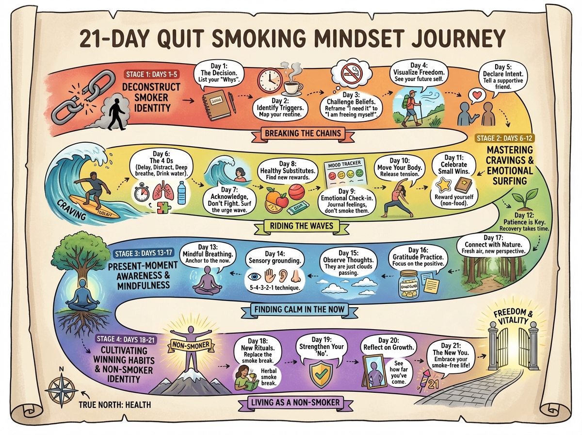 21-day quit smoking mindset journey roadmap showing stages from identifying smoker identity through craving management, present-moment awareness, and winning habits to becoming a non-smoker