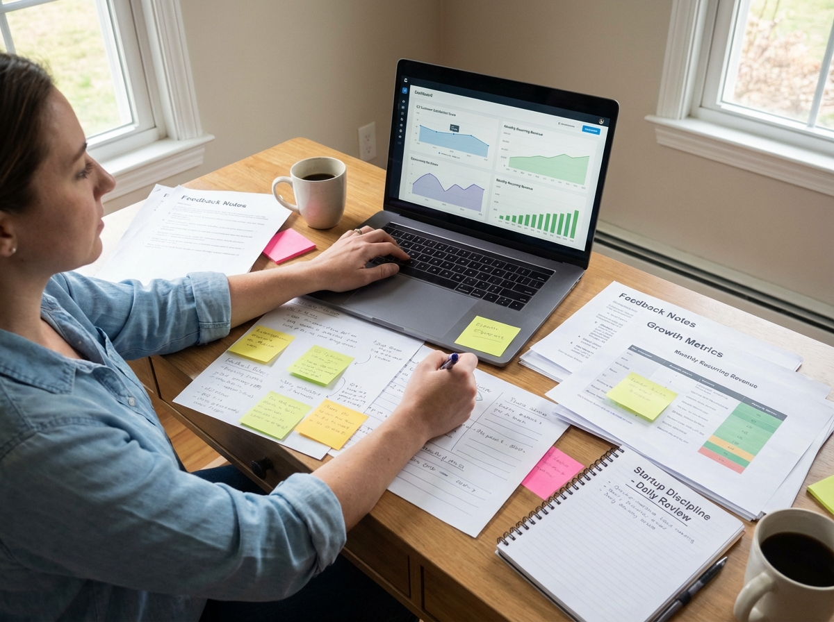 Entrepreneur analyzing customer feedback notes and business metrics on a desk — illustrating the practical day-to-day discipline behind entrepreneurship success tips for startup founders