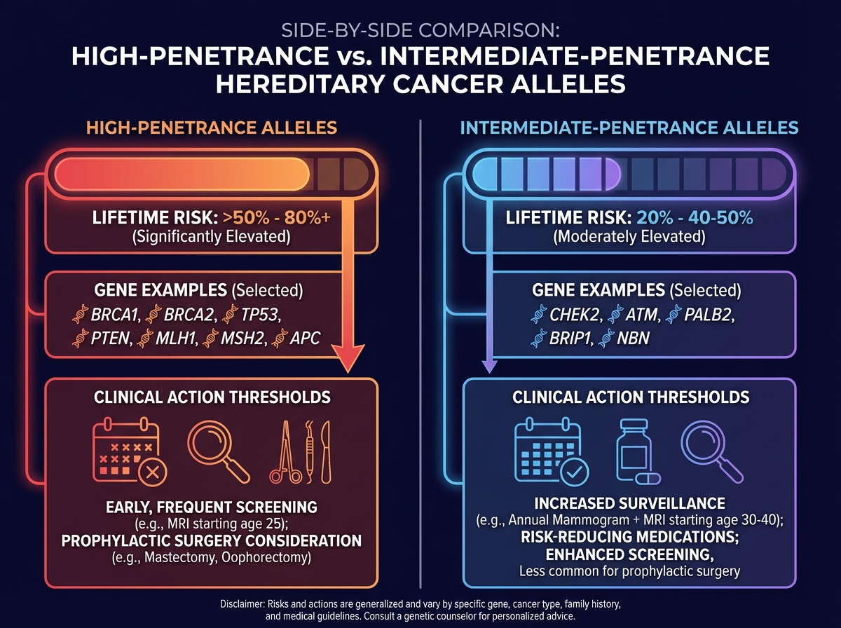 Side-by-side comparison of high-penetrance vs intermediate-penetrance hereditary cancer alleles showing lifetime risk percentages, gene examples, and clinical action thresholds